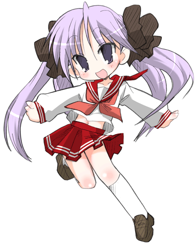 1girl black_background brown_shoes full_body hiiragi_kagami hizuki_yayoi loafers long_hair long_sleeves looking_at_viewer lowres lucky_star neckerchief outstretched_arms sailor_collar school_uniform serafuku shoes simple_background solo thigh-highs twintails white_legwear zettai_ryouiki