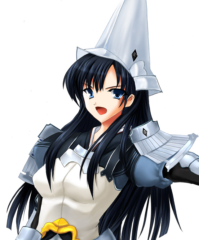 1girl belt black_hair blue_eyes breasts buckle helmet knight looking_at_viewer outstretched_arm rance_(series) ryuushou sengoku_rance shoulder_pads sidelocks simple_background skin_tight solo uesugi_kenshin_(rance) upper_body white_background
