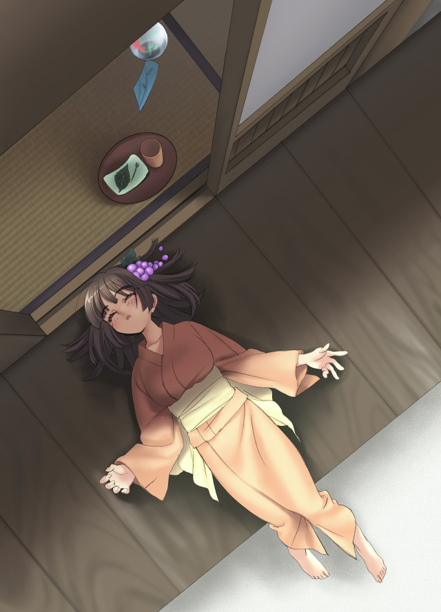 1girl barefoot brown_hair closed_eyes feet from_above hands japanese_clothes kimono lying on_back original piyodera_mucha porch sleeping solo veranda wind_chime