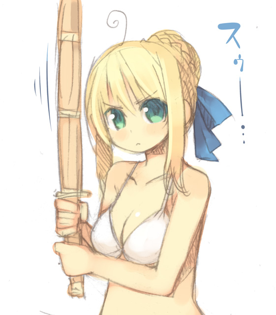 1girl bikini bikini_top blonde_hair breasts cleavage fate/stay_night fate_(series) green_eyes kashiwamochi_yomogi medium_breasts saber shinai sketch solo swimsuit sword weapon