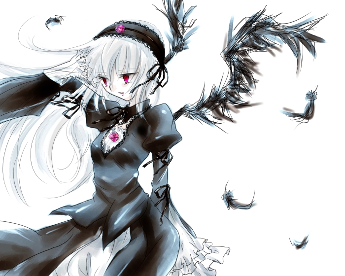 00s 1girl :o black_dress black_wings dress feathers flower frilled_sleeves frills hairband juliet_sleeves lolita_hairband long_hair long_sleeves open_mouth petals pink_eyes puffy_long_sleeves puffy_sleeves rose rose_petals rozen_maiden silver_hair simple_background sitting solo suigintou usamisan very_long_hair white_background wings