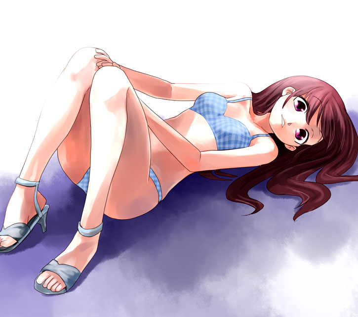 1girl adachi_yousuke bikini brown_hair high_heels legs long_hair lying on_back original shoes solo swimsuit violet_eyes