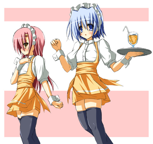 1boy 1girl anna_miller ayasaki_hayate crossdressinging cup drink drinking_glass hayate_no_gotoku! katsura_hinagiku orange_skirt skirt thigh-highs touda_rui trap tray waitress zettai_ryouiki