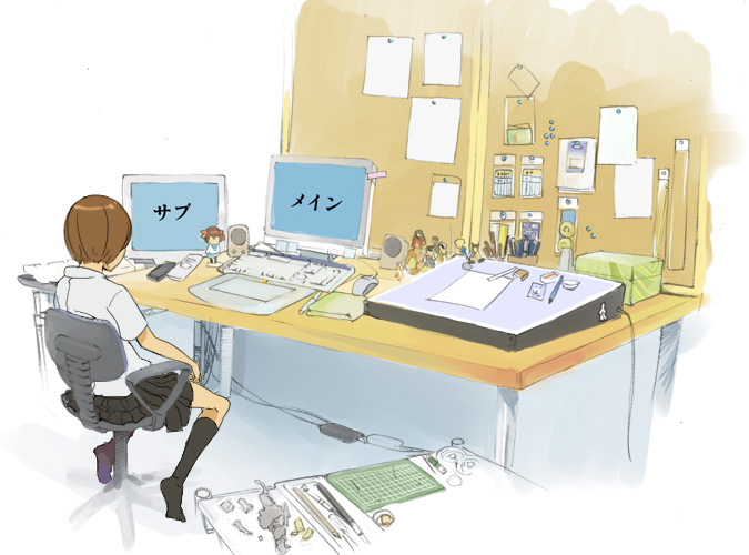 black_legwear brown_hair chair computer computer_keyboard computer_mouse desk dual_monitor footwear instrument keyboard nendoroid original pen purimari school_uniform serafuku shirt socks speaker stylus suzumiya_haruhi suzumiya_haruhi_no_yuuutsu tablet thumbtack white_shirt