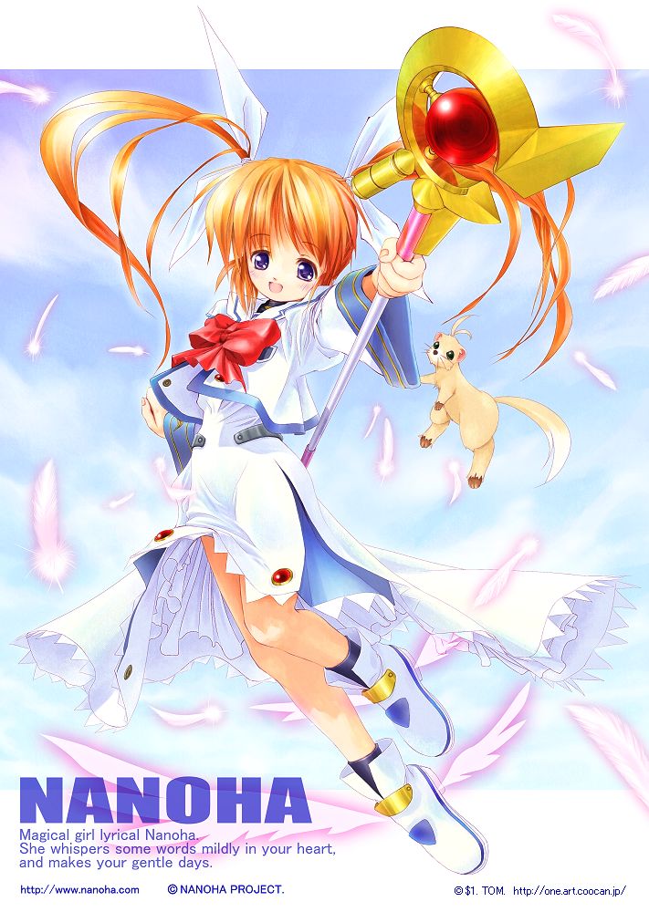 00s 1girl blue_eyes blush boots bow brown_hair character_name copyright_name feathers ferret floating floating_hair jacket looking_at_viewer lyrical_nanoha magical_girl mahou_shoujo_lyrical_nanoha raising_heart red_bow redhead shoes sky smile solo staff takamachi_nanoha tom_(1art.) tom_(artist) twintails uniform upskirt violet_eyes watermark web_address winged_shoes wings yuuno_scrya