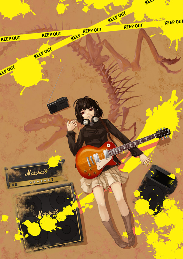 1girl amplifier black_hair boots caution_tape dinosaur guitar hamada_youho headphones headphones_around_neck instrument jacket keep_out legs lying marshall on_back original paint radio red_eyes skeleton skirt solo speaker