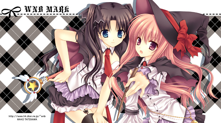 2girls bare_shoulders black_dress blush border checkered checkered_background cowboy_shot dress fate/stay_night fate_(series) frilled_dress frills hat kaleido_ruby leaning_forward long_hair looking_at_viewer louise_francoise_le_blanc_de_la_valliere magical_girl multiple_girls orange_hair red_eyes standing star thigh-highs tohsaka_rin wand witch_hat wnb_mark zero_no_tsukaima