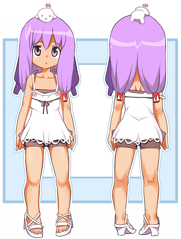 1girl :o bad_anatomy bad_feet camisole collarbone full_body high_heels kneepits lavender_eyes lavender_hair long_hair looking_up multiple_views object_on_head pangya poorly_drawn purple_hair sasago_kaze shoes shorts standing tiki tongue tongue_out turnaround violet_eyes