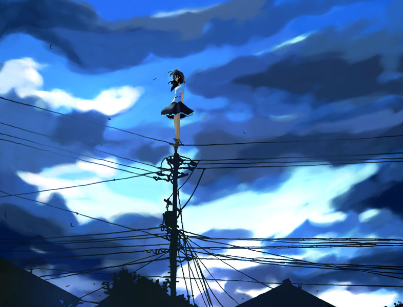 1girl blue clouds female hat looking_at_viewer on_top_of_pole outdoors power_lines scenery shameimaru_aya skirt sky solo takanashi_akihito telephone_pole tokin_hat touhou wind