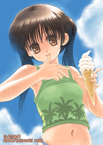 00s 1girl 2007 artist_name brown_eyes brown_hair camisole clouds dated food from_below ice_cream ice_cream_cone licking long_hair looking_at_viewer lowres melting midriff navel original outdoors palm_tree sky soft_serve solo tongue tongue_out tree twintails yuuki_yuki