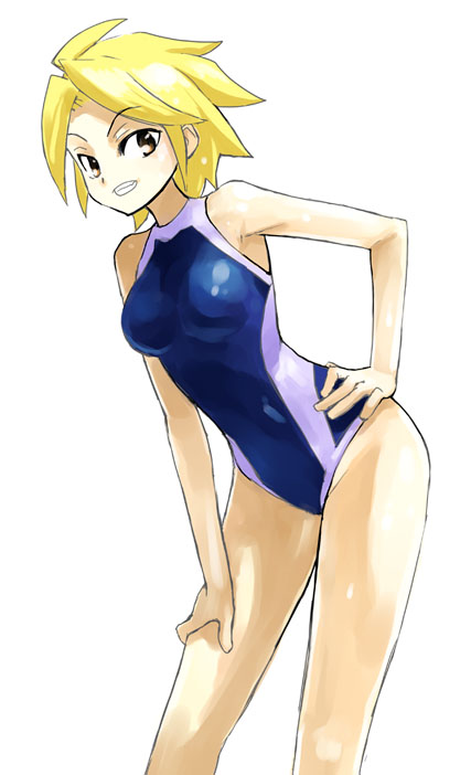 1girl adachi_yousuke blonde_hair brown_eyes competition_swimsuit grin hand_on_hip leaning_forward one-piece_swimsuit original short_hair smile solo swimsuit