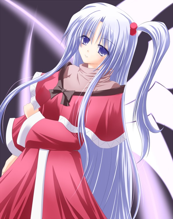 1girl bow capelet dress eyebrows eyebrows_visible_through_hair female grey_eyes hair_bobbles hair_ornament long_sleeves multiple_wings mystic_square one_side_up red_dress shinki shirotsuki_kouta side_ponytail silver_hair solo touhou wings