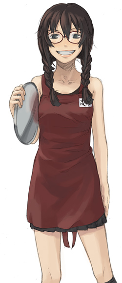 1girl :d blush braid brown_hair dress glasses grin hair_over_shoulder holding itsutsu looking_at_viewer open_mouth original red-framed_eyewear red-framed_glasses red_dress simple_background sleeveless sleeveless_dress smile solo teeth tray twin_braids waitress white_background