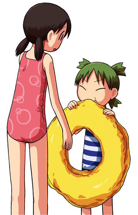 ayase_ena blowing child emoncake. innertube koiwai_yotsuba one-piece_swimsuit quad_tails swimsuit yotsubato!