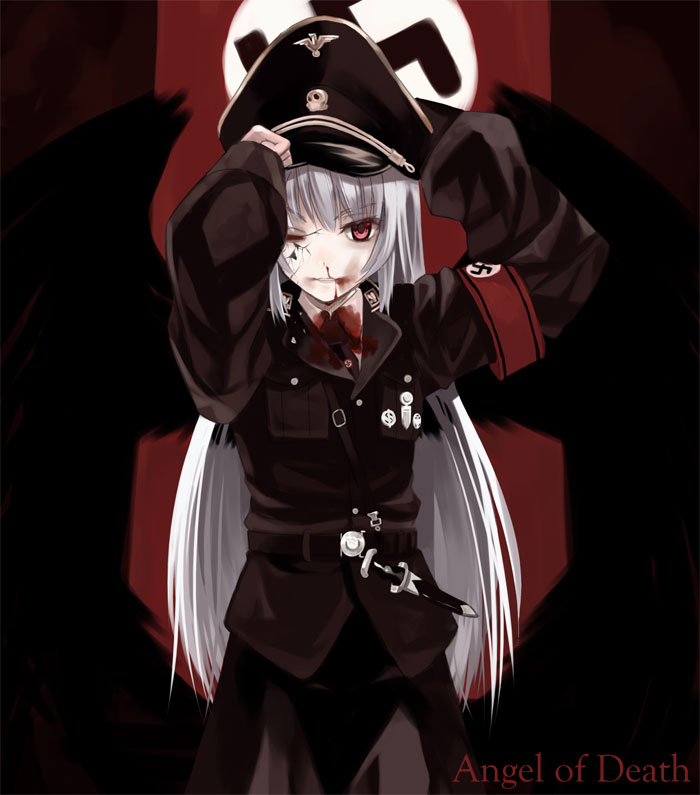 00s 1girl armband blood blood_on_face hat kabocha military military_uniform nazi one_eye_closed peaked_cap red_eyes rozen_maiden solo suigintou swastika uniform white_hair wings world_war_ii