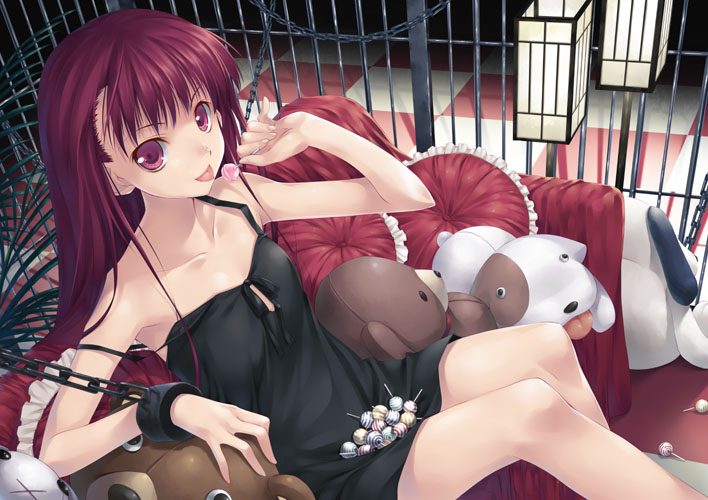 1girl bare_arms cage candy chains collarbone couch cuffs dress indoors keg licking lollipop long_hair looking_at_viewer manacles original pillow red_eyes redhead shackles sitting slave solo strap_slip stuffed_animal stuffed_toy teddy_bear tongue tongue_out