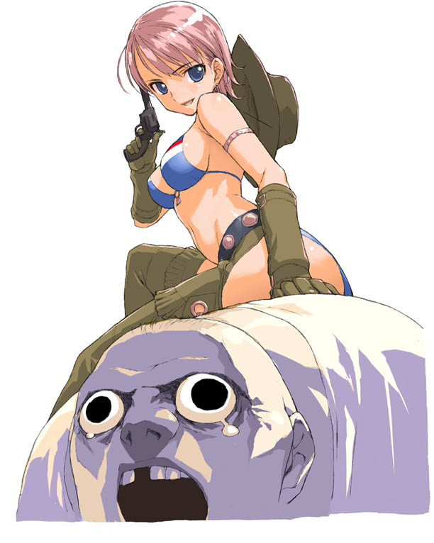 1boy 1girl alternate_costume arm_support armband bangs bikini black_eyes blue_eyes breasts capcom chaps cowboy_hat cowgirl debilitas demento earrings elbow_gloves fiona_belli gloves gun handgun hat holding holding_gun holding_weapon jewelry large_breasts looking_at_viewer morisawa_haruyuki o-ring_top open_mouth pain pink_hair revolver short_hair simple_background sitting sitting_on_person smile string_bikini swimsuit tears weapon white_background
