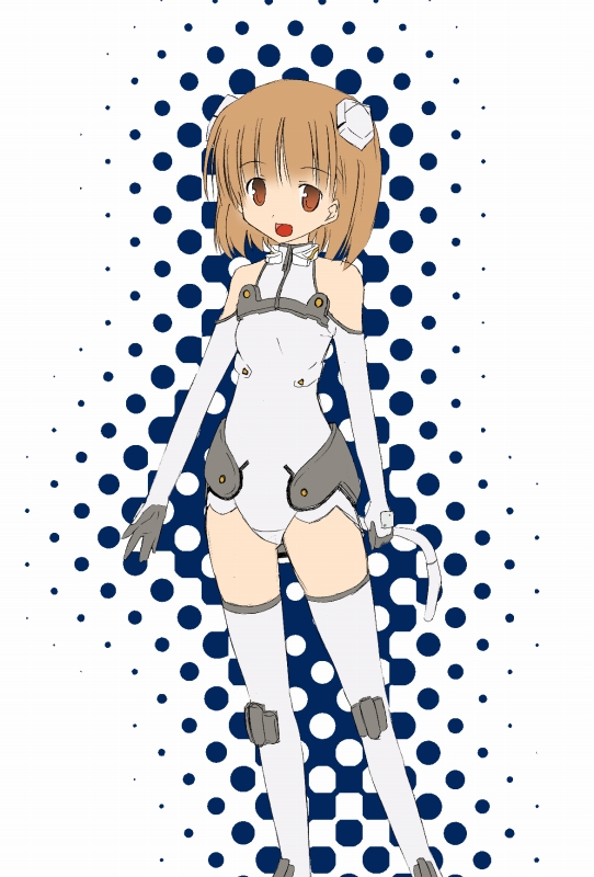 1girl :d akane_souichi bangs bare_shoulders boots breasts brown_eyes brown_hair elbow_gloves flat_color gloves halftone halterneck headgear leotard looking_at_viewer motionslit open_mouth outline pilot_suit sakurano_otoha short_hair sky_girls small_breasts smile solo standing thigh-highs thigh_boots turtleneck white_boots white_legwear