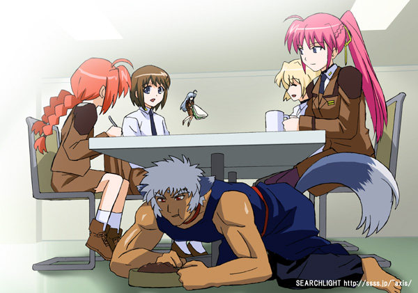 1boy 4girls ahoge animal_ears blonde_hair braid dark_skin lyrical_nanoha mahou_shoujo_lyrical_nanoha mahou_shoujo_lyrical_nanoha_strikers midori_(searchlight) military military_uniform minigirl multiple_girls pantyhose pink_hair ponytail redhead reinforce_zwei shamal signum tail twin_braids under_table uniform vita wolf_ears wolf_tail yagami_hayate zafira