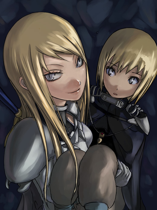2girls :o armor armored_dress black_dress blonde_hair blue_eyes clare_(claymore) claymore closed_mouth dress face galatea lips looking_to_the_side multiple_girls parted_lips short_hair shoulder_pads smirk tea_(nakenashi) upper_body