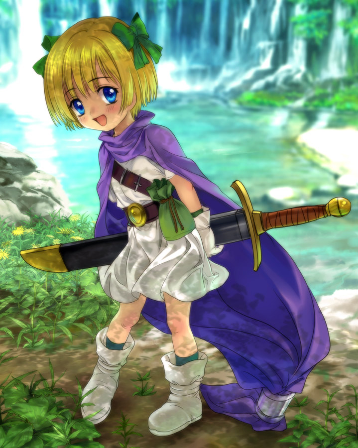 bianca's_daughter blonde_hair blue_eyes blush bow cape child dragon_quest dragon_quest_v dress fantasy hair_bow hair_ribbon mutsuki_(moonknives) open_mouth original ribbon short_hair smile square_enix sword water waterfall weapon