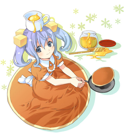 1girl blue_eyes blue_hair bow brown_dress butter dress food food_themed_clothes frying_pan hair_ornament honey jar kneeling looking_at_viewer looking_up mattaku_mousuke orange_dress pancake personification ribbon short_hair sitting smile solo twintails