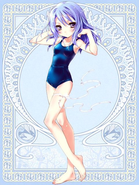 1girl armpits arms_up bare_legs bare_shoulders barefoot blue_hair feet flat_chest hands_in_hair kamiya_maneki one-piece_swimsuit original purple_hair ribbon school_swimsuit silver_rain solo standing swimsuit thigh_ribbon violet_eyes