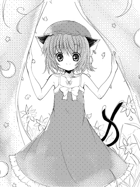 1girl animal_ears bare_shoulders cat_ears cat_tail catbell chen dithering dress earrings female hat jewelry looking_at_viewer monochrome multiple_tails ribbon short_hair smile solo sundress tail touhou