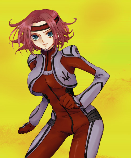 1girl blue_eyes bodysuit breasts closed_mouth code_geass contrapposto cowboy_shot expressionless hand_on_hip headband kallen_stadtfeld large_breasts looking_at_viewer pink_hair short_hair skin_tight solo