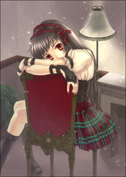 1girl arm_belt bangs black_boots black_gloves black_hair boots bow chair corset cross-laced_clothes earrings fireplace frilled_sleeves frills gloves hairband head_tilt indoors jewelry knee_boots lamp long_hair looking_at_viewer mizusawa_hikaru nail_polish original plaid plaid_skirt plant potted_plant puffy_short_sleeves puffy_sleeves red_bow red_eyes red_nails red_ribbon ribbon shirt short_sleeves sitting sitting_on_chair skirt solo wall white_shirt