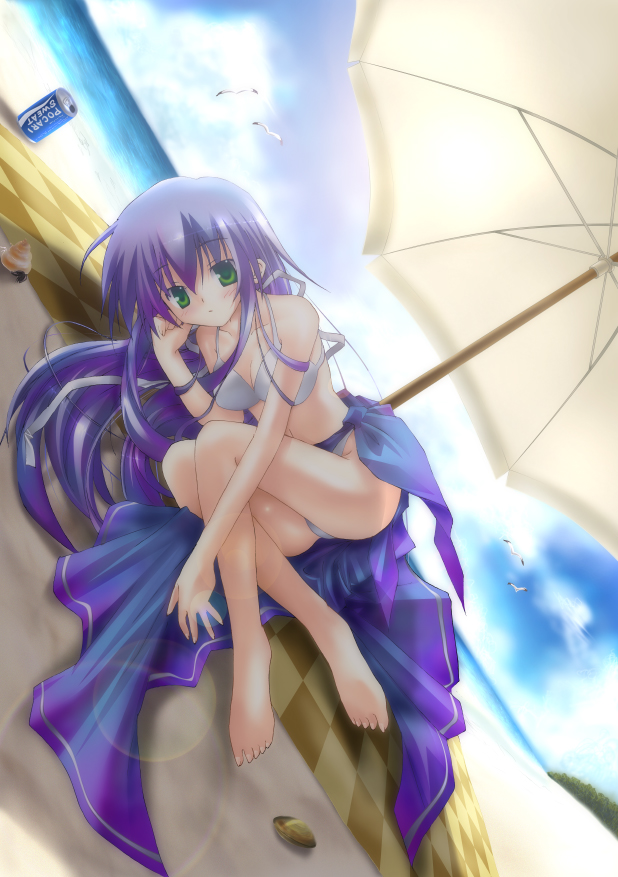 1girl bare_shoulders barefoot beach bikini bird clouds green_eyes long_hair ocean original pocari_sweat product_placement purple_hair seagull seaside shion_(kawasemi) solo swimsuit umbrella water