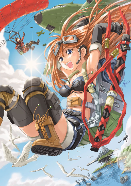 armpits belt bikini bikini_top bird blue_eyes boots clouds denim denim_shorts elbow_gloves gloves goggles long_hair orange_hair parachute shorts sky sun swimsuit sword water weapon yuu_(yuyukaikan)