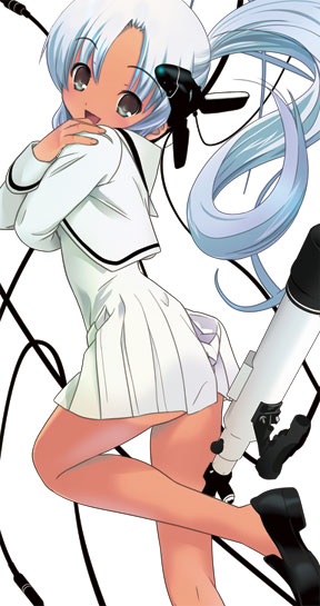 1girl blue_hair cable crossed_arms dark_skin female hair_ornament happy headset houmitsu leg_lift long_hair looking_back open_mouth ponytail school_uniform serafuku skirt solo source_request telescope white_hair