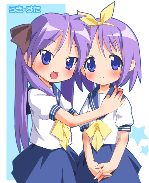 2girls blue_eyes blue_skirt bow bowtie hair_bow hand_on_another's_shoulder hiiragi_kagami hiiragi_tsukasa looking_at_viewer lucky_star multiple_girls own_hands_together pink_hair ramble sailor_collar school_uniform serafuku short_hair simple_background skirt v_arms white_background yellow_bow yellow_bowtie