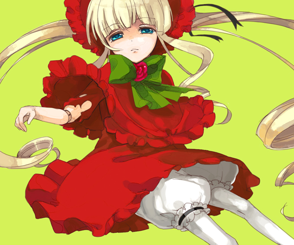 00s 1girl blonde_hair bloomers doll_joints green_background green_eyes loo red_skirt rozen_maiden shinku simple_background skirt solo underwear