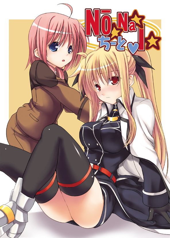 2girls ahoge blonde_hair blue_eyes cape caro_ru_lushe fate_testarossa gloves lyrical_nanoha magical_girl mahou_shoujo_lyrical_nanoha mahou_shoujo_lyrical_nanoha_strikers military military_uniform multiple_girls pink_hair red_eyes sitting soba_(saz) thigh-highs twintails uniform