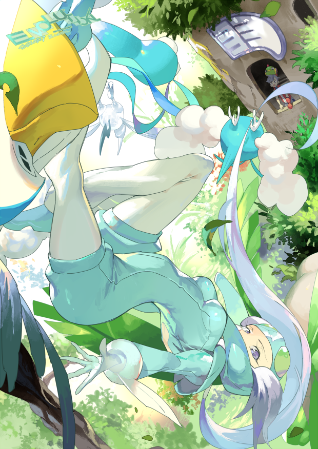 1boy 1girl altaria artist_name bird_keeper_(pokemon) breasts day e_volution eyelashes floating_hair gen_2_pokemon gen_3_pokemon gloves grey_eyes grey_hair gym_leader helmet leaves_in_wind long_hair natu outdoors pelipper pokemon pokemon_(creature) pokemon_(game) pokemon_oras skarmory swablu tree tropius upside-down winona_(pokemon)