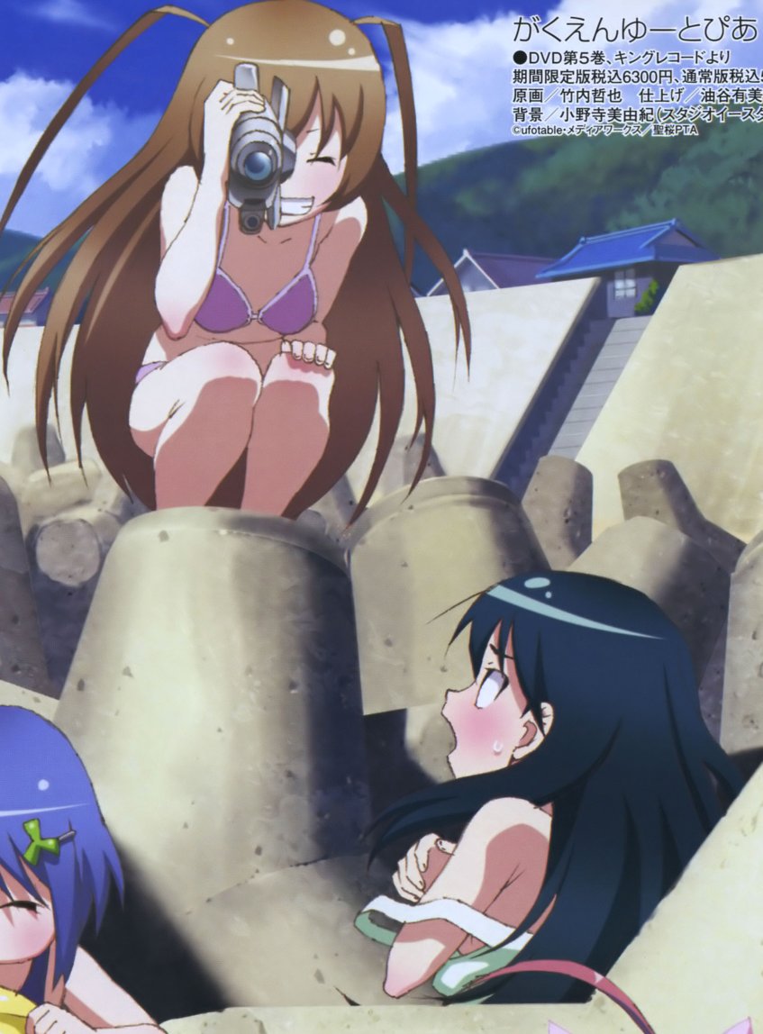 3girls bikini camcorder camera cropped etou_mei gakuen_utopia_manabi_straight! grin inamori_mika megami multiple_girls odori_momoha scan smile squatting strap_slip swimsuit takeuchi_tetsuya tetrapod video_camera