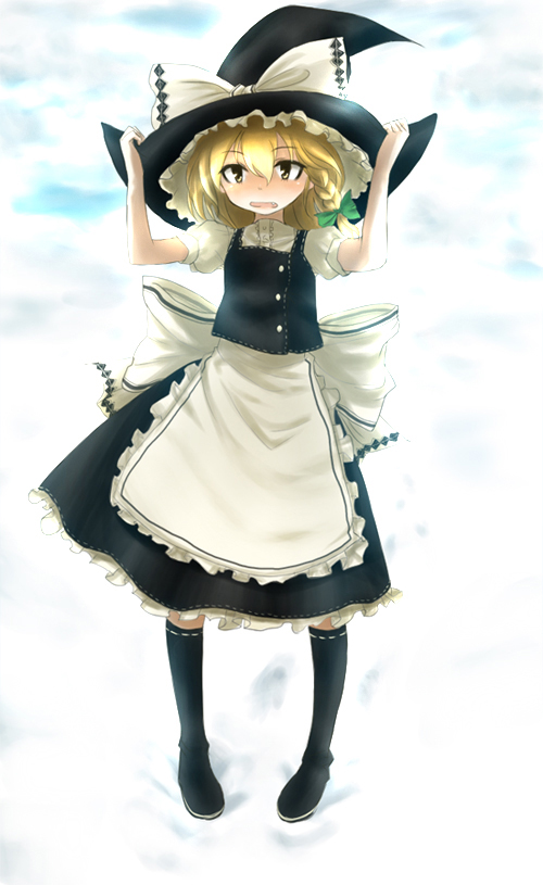 1girl blonde_hair buriki fang female hands_on_headwear hat kirisame_marisa pigeon-toed solo touhou witch witch_hat