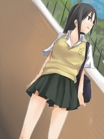 1girl bk black_hair dennou_coil harakawa_tamako lowres mudo_(saji) school_uniform serafuku solo sweater sweater_vest vest