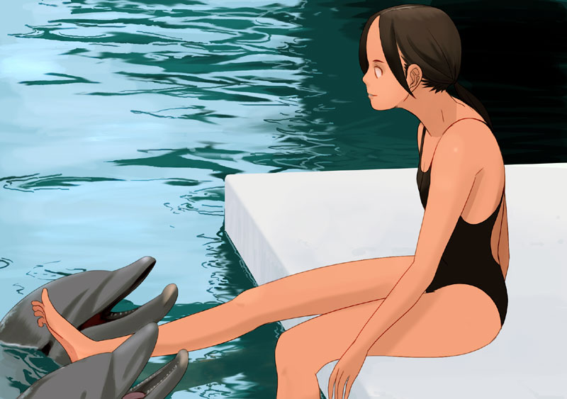 barefoot dolphin feet_in_water kiriman_(souldeep) one-piece_swimsuit sitting soaking_feet swimsuit water