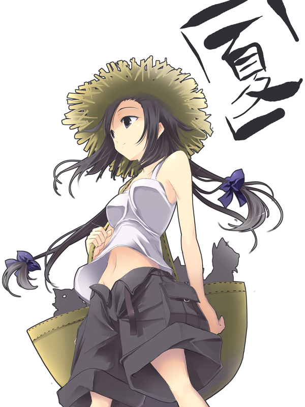 1girl animal arm_at_side bag bangs belt black_eyes black_hair black_shorts blue_bow bow breasts camisole cat closed_mouth from_below groin hair_bow hat holding_strap light_smile long_hair looking_away low-tied_long_hair medium_breasts midriff navel parted_bangs satomi shorts shoulder_bag simple_background sleeveless solo standing stitches stomach straw_hat text tied_hair upshirt upshorts very_long_hair white_background
