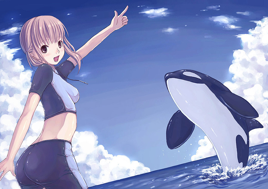blonde_hair brown_eyes kimidorin orca original sky swimsuit water whale
