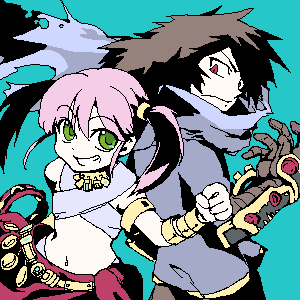 1boy 1girl alchemist_(sekaiju) armlet armor atlus back-to-back bangs bard bard_(sekaiju) bare_shoulders belt black_hair bracer clenched_hand crop_top flat_chest frown gauntlets green_eyes grin jewelry long_hair looking_at_viewer looking_back lowres midriff navel necklace oekaki outstretched_arm pink_hair profile red_eyes sarong scarf sekaiju_no_meikyuu short_twintails smile spiky_hair torn_clothes twintails upper_body