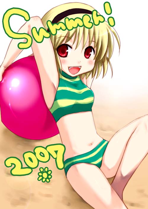 armpits ball beachball bikini blonde_hair hairband higurashi_no_naku_koro_ni houjou_satoko red_eyes short_hair striped swimsuit tankini umiichi_kurage