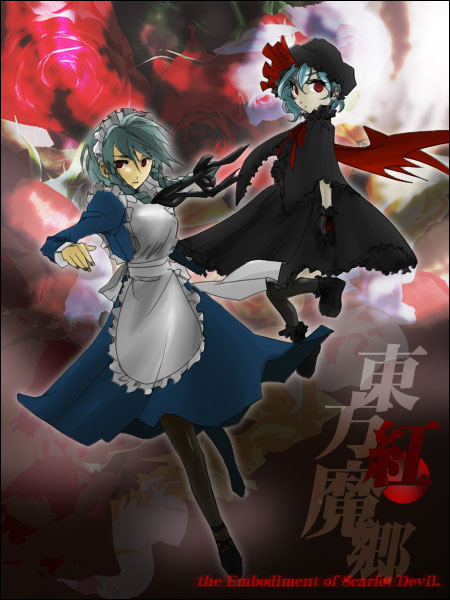 2girls alternate_color apron bad_id bat_wings bk black_dress black_gloves black_legwear black_shoes blue_eyes bow bowtie braid capelet dress female gloves grey_hair hat izayoi_sakuya maid maid_apron maid_headdress mob_cap mudo_(saji) multiple_girls pantyhose red_eyes remilia_scarlet shoes short_hair the_embodiment_of_scarlet_devil touhou twin_braids wings