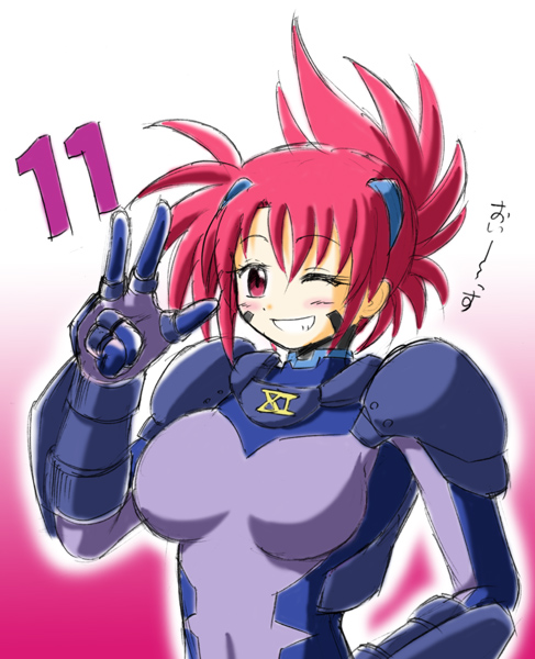 1girl armor bodysuit collar covered_navel facial_mark grin lyrical_nanoha mahou_shoujo_lyrical_nanoha mahou_shoujo_lyrical_nanoha_strikers number numbers_(nanoha) one_eye_closed pink_hair red_eyes short_hair shoulder_pads simple_background skin_tight smile solo twintails upper_body waving wendi_(nanoha) white_background