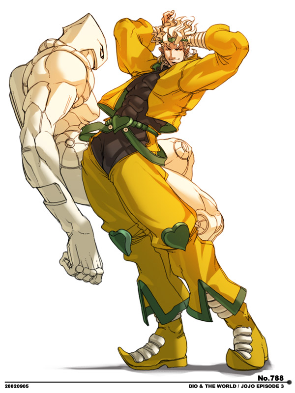 2boys arms_behind_head arms_up blonde_hair boots bracer chaps dio_brando falcoon jacket jojo_no_kimyou_na_bouken looking_at_viewer looking_away male_focus multiple_boys muscle pointy_shoes pose shoes skin_tight stand_(jojo) the_world yellow_jacket