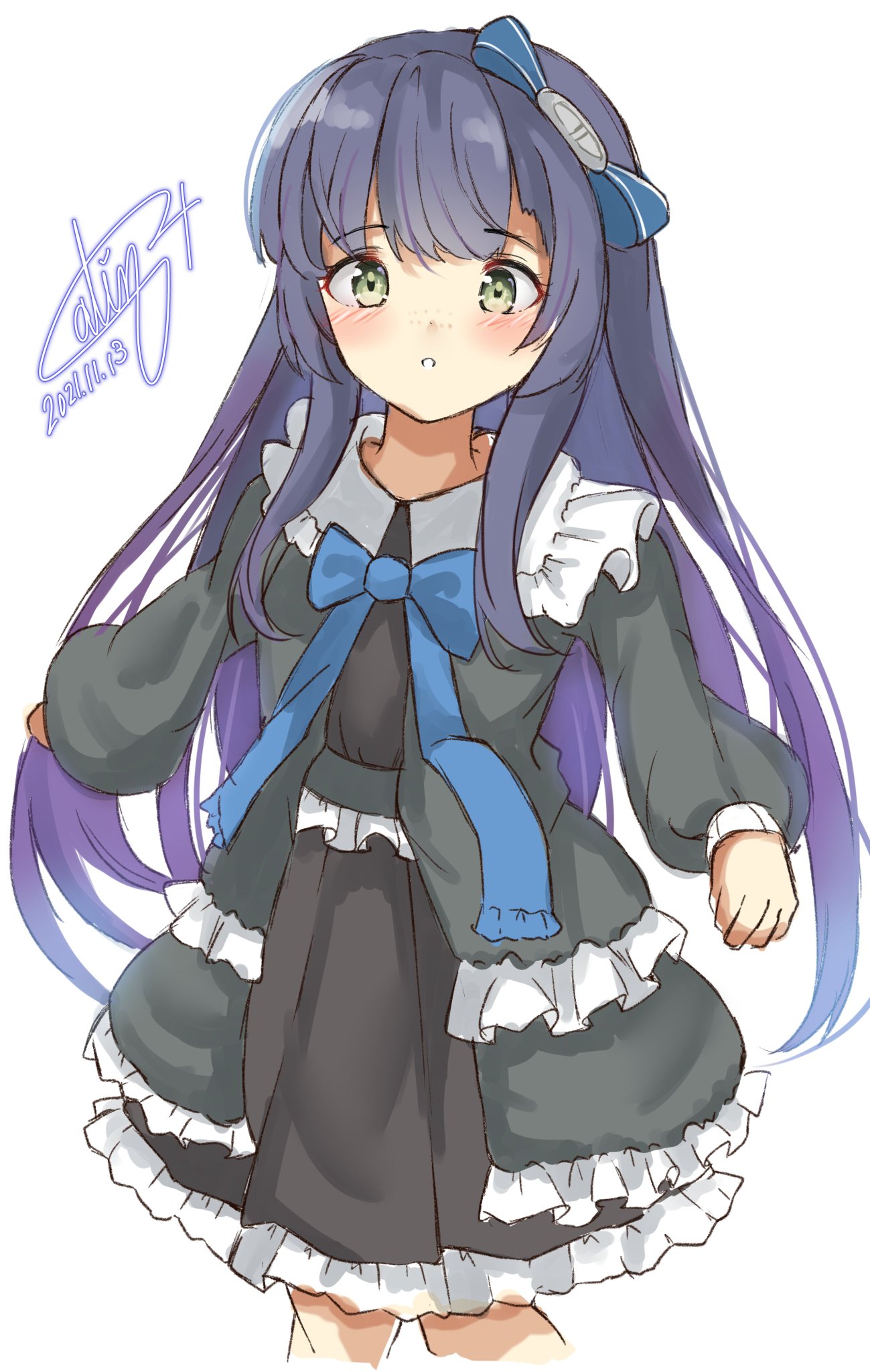 1girl alternate_costume black_dress black_hair commentary_request cowboy_shot cropped_legs dated dress frilled_dress frills gothic_lolita gradient_hair highres kantai_collection lolita_fashion long_hair matsuwa_(kancolle) multicolored_hair one-hour_drawing_challenge pen_chou purple_hair signature simple_background solo standing white_background