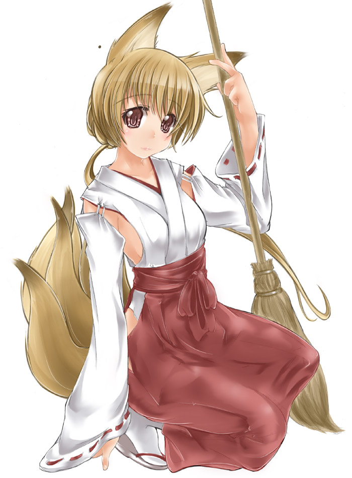 1girl abubu animal_ears bamboo_broom bangs belt blush breasts broom brown_eyes collarbone detached_sleeves flip-flops fox_ears fox_tail hakama head_tilt hip_vent hips japanese_clothes light_brown_hair looking_at_viewer miko multiple_tails no_bra original sandals shiny shiny_skin side_slit sideboob simple_background sleeves_past_wrists smile solo squatting tail white_background wide_sleeves